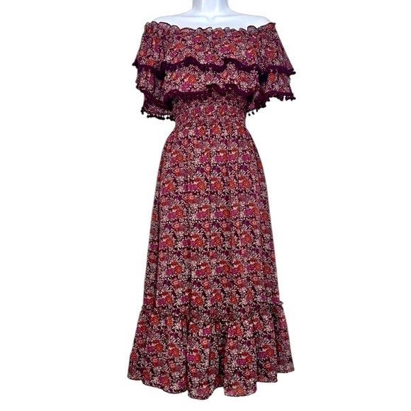 Misa Los Angeles Maribel Off the Shoulder Chiffon Pom Pom Floral Midi Dress XS - Picture 2 of 11